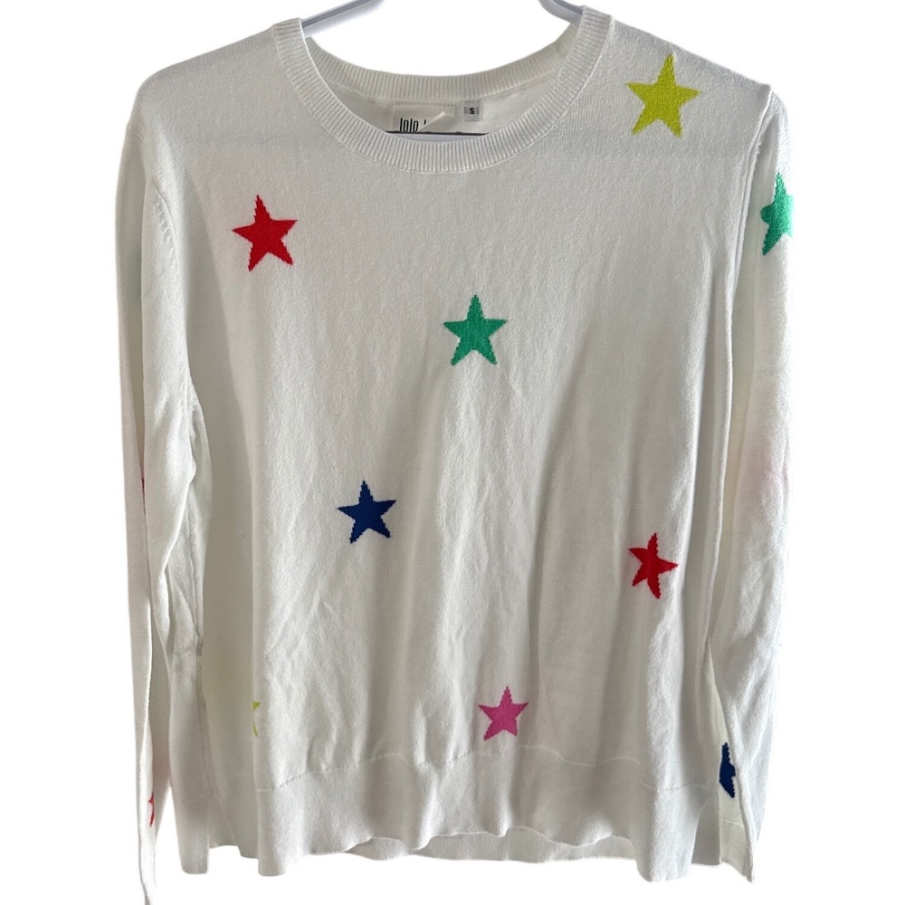 Lolo Luxe Womens White Cotton Multicolor Star Knit Crewneck Sweater Small